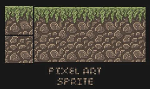 Vector pixel art texture of stone dirt land with grass platformer sprite Stock Illustration
