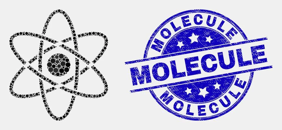 Vector Pixel Atom Icon and Scratched Molecule Seal Illustrazione stock