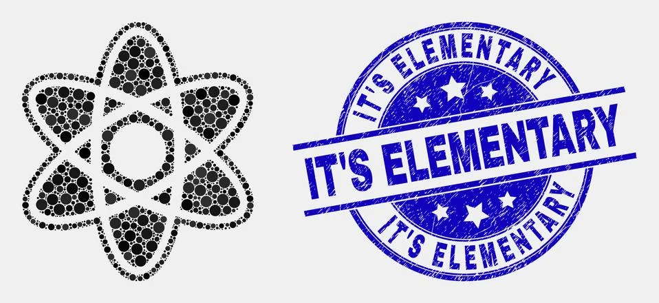 Vector Pixel Atom Model Icon and Distress It'S Elementary Stamp Stock Illustration