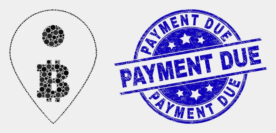 Vector Pixel Bitcoin Map Marker Icon and Scratched Payment Due Stamp Illustrazione stock