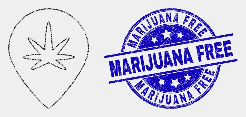 Vector Pixel Cannabis Map Marker Icon and Distress Marijuana Free Seal イラスト素材