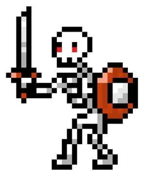 Vector pixel character. Illustration of pixel skeleton with shield and sword Stock Illustration