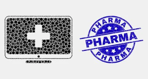 Vector Pixel Computer Medicine Icon and Scratched Pharma Stamp Stock Illustration