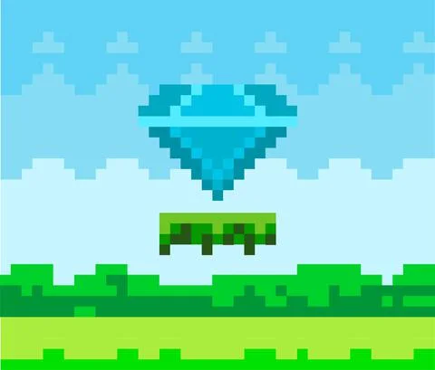 Vector pixel diamond. Pixel-game blue stone on grass platform in natural 스톡 일러스트