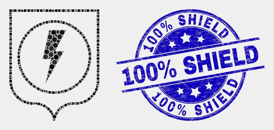 Vector Pixel Electric Shield Icon and Distress 100% Shield Stamp Stock Illustration