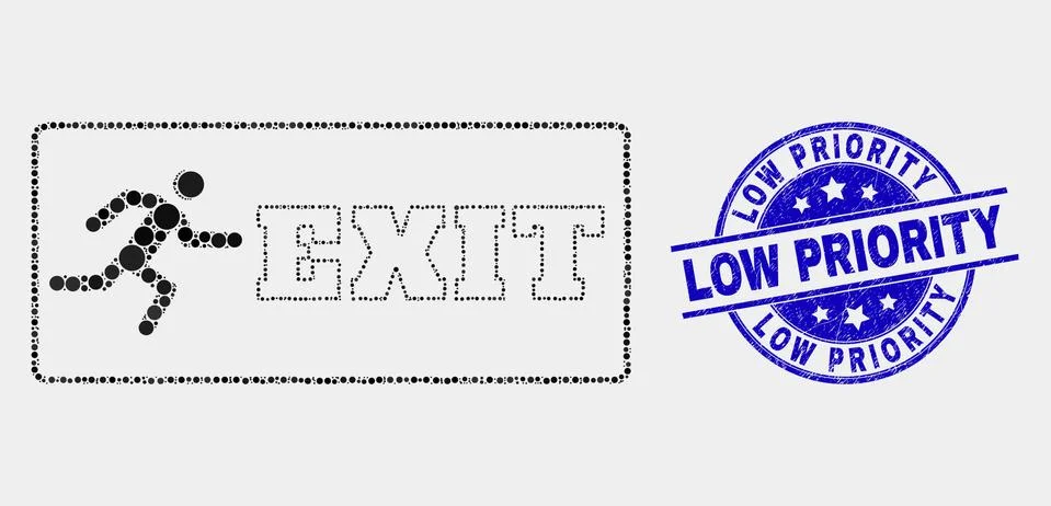 Vector Pixel Emergency Exit Icon and Scratched Low Priority Seal Illustrazione stock
