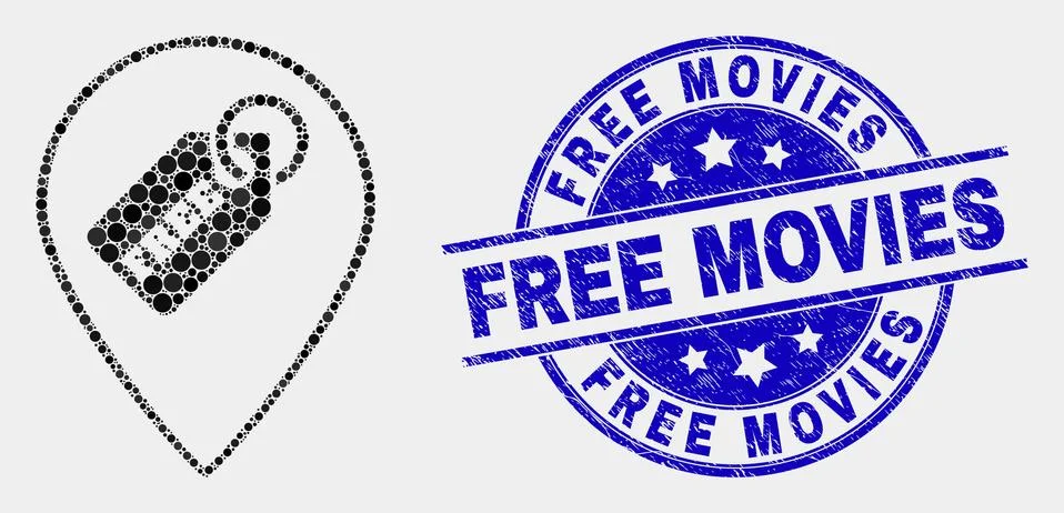 Vector Pixel Free Tag Marker Icon and Scratched Free Movies Watermark Stock Illustration