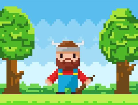 Vector pixel-game character brave viking. Pixelated bearded man with club in 스톡 일러스트