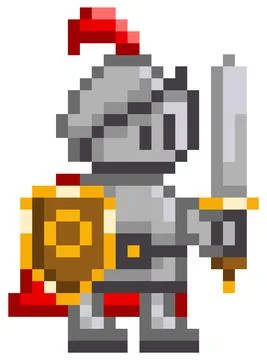 Vector pixel-game character. Illustration of pixelated man with shield and sword 스톡 일러스트