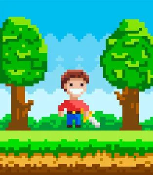 Vector pixel-game character. Pixelated man with steel sword in nature landscape 스톡 일러스트
