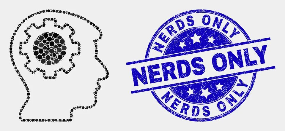 Vector Pixel Gear Thinking Head Icon and Grunge Nerds Only Seal Illustrazione stock