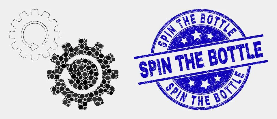Vector Pixel Gears Rotation Icon and Scratched Spin the Bottle Seal Stock Illustration