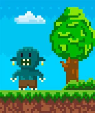 Vector pixel geek character. Illustration of pixelated monster in natural Stock Illustration