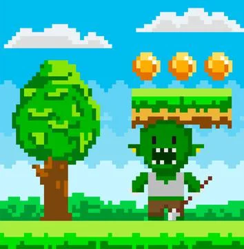 Vector pixel geek character. Pixelated green monster in natural landscape with 스톡 일러스트
