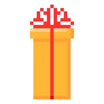 Vector pixel gift box, rectangular, yellow with a red bow, 8 bit. Stock Illustration