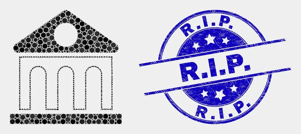 Vector Pixel Library Building Icon and Distress R.I.P. Stamp Seal Ilustración de archivo