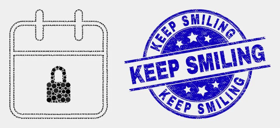 Vector Pixel Lock Calendar Page Icon and Distress Keep Smiling Watermark Stock Illustration
