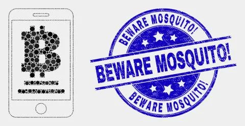 Vector Pixel Mobile Bitcoin Bank Icon and Distress Beware Mosquito! Stamp Stockillustratie
