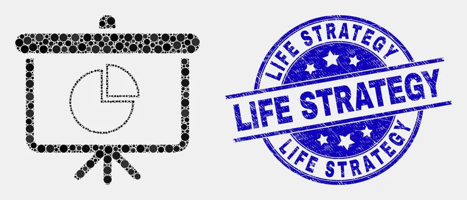 Vector Pixel Pie Chart Demonstration Board Icon and Distress Life Strategy Seal Stock Illustration