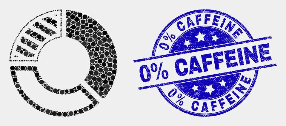 Vector Pixel Pie Chart Icon and Scratched 0% Caffeine Seal Stock Illustration