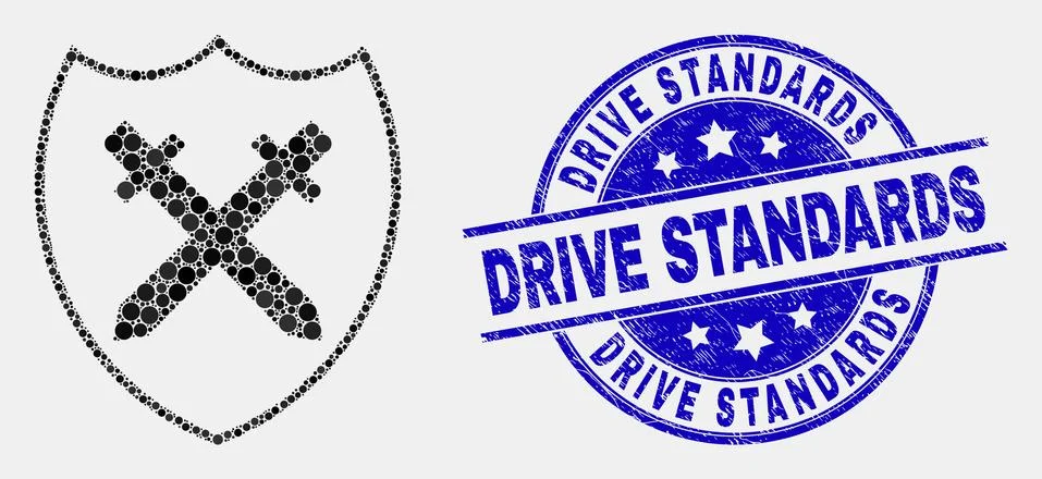 Vector Pixel Shield and Swords Icon and Grunge Drive Standards Stamp Stock Illustration