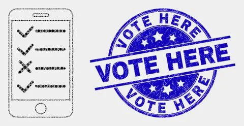 Vector Pixel Smartphone Task List Icon and Scratched Vote Here Stamp Stock Illustration