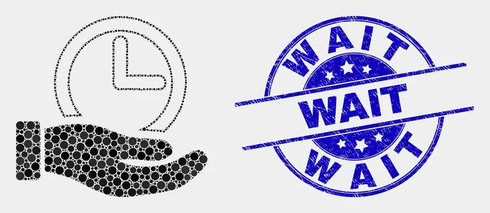Vector Pixel Time Service Hand Icon and Grunge Wait Seal Stock-Illustration