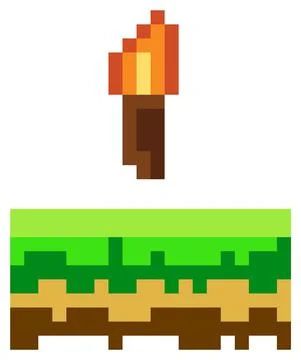 Vector pixel torch. Pixel art 8-bit. Illustration of pixelated object with fire Stock Illustration