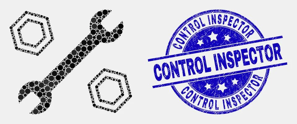 Vector Pixel Wrench and Nuts Icon and Distress Control Inspector Stamp Seal Stock Illustration
