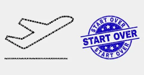 Vector Pixelated Airplane Takeoff Icon and Scratched Start Over Stamp Seal Ilustração Stock
