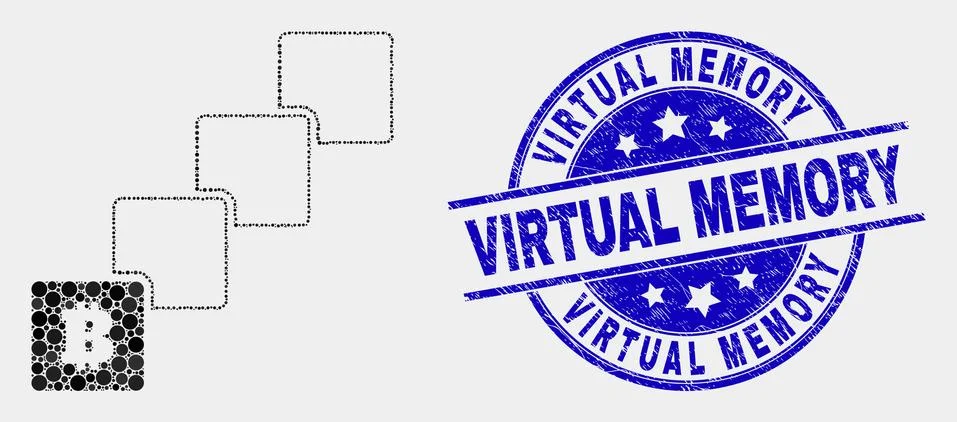 Vector Pixelated Bitcoin Blockchain Icon and Grunge Virtual Memory Stamp Stock Illustration