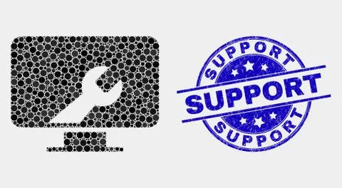 Vector Pixelated Computer Settings Wrench Icon and Scratched Support Stamp Stock Illustration