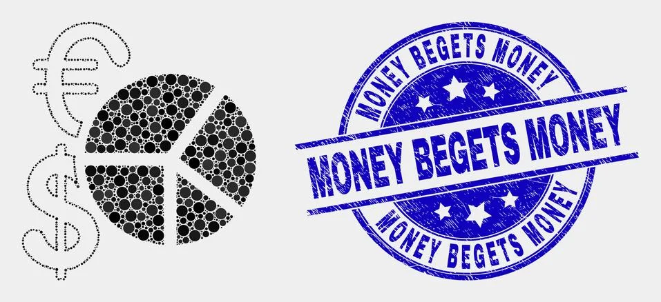 Vector Pixelated Currency Pie Chart Icon and Distress Money Begets Money Stamp Stock Illustration