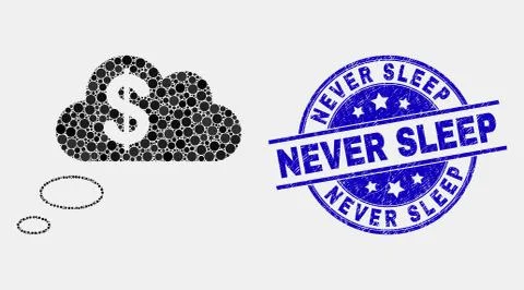 Vector Pixelated Financial Dream Clouds Icon and Grunge Never Sleep Stamp Seal Stock Illustration