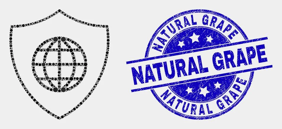 Vector Pixelated Global Shield Icon and Distress Natural Grape Stamp Seal Illustrazione stock