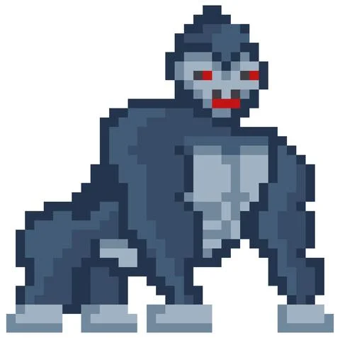 Vector pixelated Gorilla cartoon pixel design wild animal with red eyes isolated Ilustración de archivo
