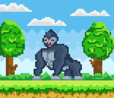 Vector pixelated Gorilla cartoon pixel design wild animal in natural landscape Ilustración de archivo