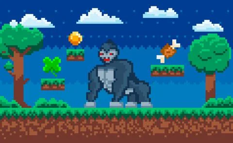 Vector pixelated Gorilla, cartoon pixel wild animal in natural landscape with Ilustración de archivo