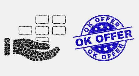 Vector Pixelated Hand Offer Bricks Icon and Scratched OK Offer Stamp Seal Ilustración de archivo