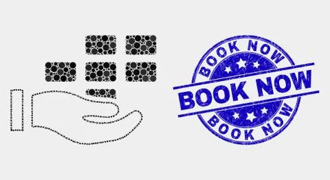 Vector Pixelated Hand Offer Bricks Icon and Grunge Book Now Seal 스톡 일러스트