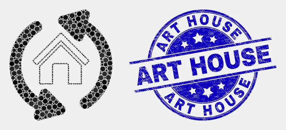 Vector Pixelated Home Refresh Arrows Icon and Grunge Art House Stamp Ilustración de archivo