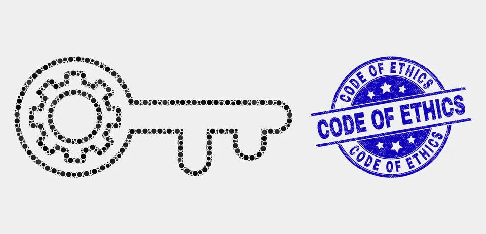 Vector Pixelated Key Gear Icon and Scratched Code of Ethics Seal Stock Illustration