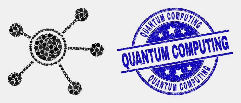 Vector Pixelated Links Icon and Grunge Quantum Computing Stamp Seal Stock Illustration