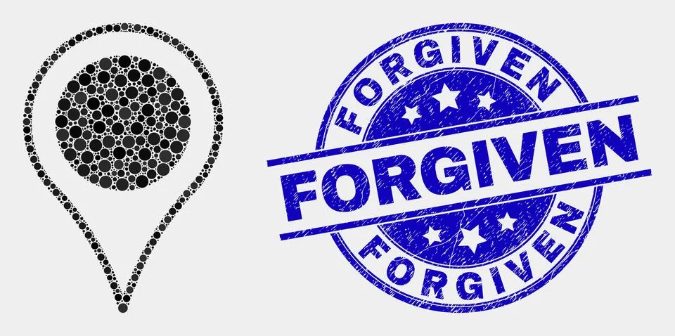 Vector Pixelated Map Pointer Icon and Scratched Forgiven Seal Stock Illustration