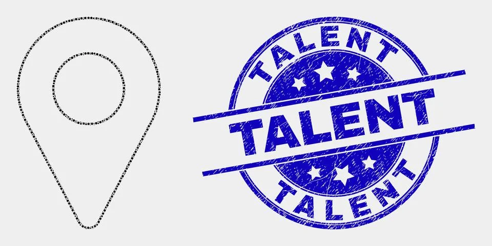 Vector Pixelated Map Pointer Icon and Grunge Talent Seal 스톡 일러스트