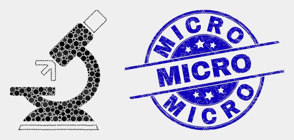 Vector Pixelated Microscope Icon and Grunge Micro Stamp 库存插图