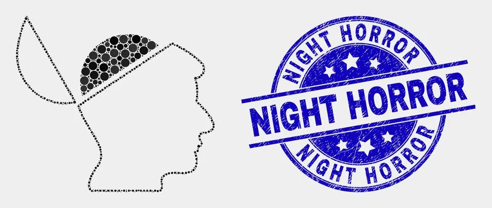 Vector Pixelated Open Mind Icon and Scratched Night Horror Stamp Illustrazione stock