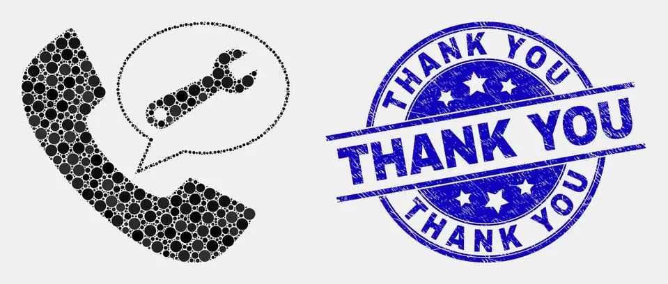 Vector Pixelated Phone Service Message Icon and Grunge Thank You Stamp Seal Stock Illustration