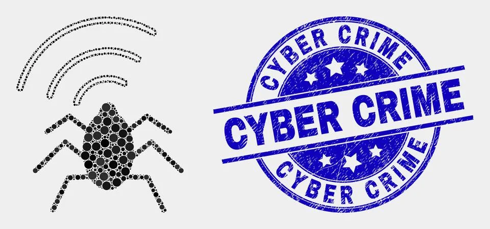 Vector Pixelated Radio Bug Icon and Grunge Cyber Crime Seal 스톡 일러스트