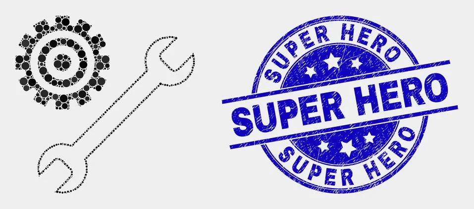 Vector Pixelated Repair Tools Icon and Scratched Super Hero Stamp Illustrazione stock